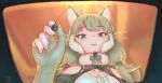  1girl animal_costume animal_ear_fluff animal_ears belt cat_ears cat_girl elbow_gloves extra fingerless_gloves gloves green_eyes grey_hair imnim_leef jungle_cat_(kemono_friends) kemono_friends kemono_friends_v_project long_hair looking_at_viewer microphone multicolored_hair open_mouth pen ribbon scarf shirt solo twintails virtual_youtuber 