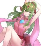  1girl armpits arms_up bare_shoulders dragonstone dress fire_emblem fire_emblem:_mystery_of_the_emblem fire_emblem:_shadow_dragon_and_the_blade_of_light fire_emblem_awakening fire_emblem_heroes green_eyes green_hair grin hair_ornament jewelry long_hair looking_at_viewer necklace official_alternate_costume pink_dress pointy_ears ponytail short_dress simple_background sleeveless smile solo stone tiara tiki_(fire_emblem) white_background zuzu_(ywpd8853) 