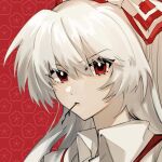  1girl akamu1119 bangs bow closed_mouth collared_shirt floral_background fujiwara_no_mokou hair_bow highres looking_at_viewer mouth_hold portrait red_bow red_eyes shirt solo stalk_in_mouth suspenders touhou two-tone_bow white_bow white_hair white_shirt 
