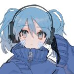  1girl blue_eyes blue_hair blue_jacket closed_mouth dot_nose ene_(kagerou_project) hair_between_eyes headphones high_collar highres jacket kagerou_project light_blush long_sleeves nmuy portrait simple_background sleeves_past_fingers sleeves_past_wrists solo track_jacket twintails white_background 