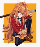  1girl 1other absurdres aisaka_taiga animal black_thighhighs brown_eyes brown_hair highres long_hair school_uniform shiren_(ourboy83) shoes simple_background sitting sword thigh-highs tiger toradora! weapon wooden_sword 