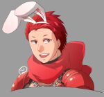  1boy animal_ears armor chain commentary_request fake_animal_ears grey_background looking_at_viewer love_morocc male_focus mechanic_(ragnarok_online) open_mouth pauldrons portrait rabbit_ears ragnarok_online red_armor red_eyes red_scarf redhead scarf short_hair shoulder_armor shrug_(clothing) simple_background smile solo 