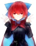  1girl absurdres black_shirt blue_bow blue_cloak bow cloak closed_mouth double_v hair_between_eyes highres long_sleeves looking_at_viewer red_cloak red_eyes redhead safutsuguon sekibanki shirt short_hair simple_background smile solo touhou upper_body v white_background 