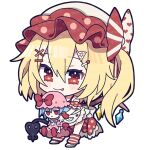  1girl :p alternate_costume apron blonde_hair bow chibi closed_mouth doll flandre_scarlet full_body hat hat_bow highres holding holding_doll laevatein_(touhou) looking_at_viewer one_side_up pink_headwear polka_dot polka_dot_headwear red_bow red_eyes red_headwear remilia_scarlet simple_background smile solo tongue tongue_out touhou waist_apron white_apron white_background yoriteruru 