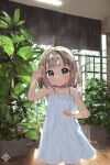  1girl aliasing arm_up brown_hair child clenched_hand dress female_child green_eyes indoors leaf looking_at_viewer meola original plant short_hair sleeveless sleeveless_dress smile solo sundress white_dress window 