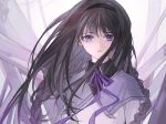  1girl akemi_homura bangs black_hair black_hairband braid capelet collared_capelet floating_hair frown gradient_hair hairband highres long_hair looking_at_viewer mahou_shoujo_madoka_magica multicolored_hair neck_ribbon parted_lips portrait purple_capelet purple_hair ribbon solo somnio000 straight-on twin_braids two-tone_hair violet_eyes white_background 