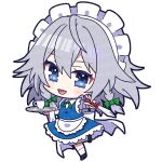  1girl :d apron black_footwear blue_eyes bow braid chibi cup full_body green_bow grey_hair hair_bow highres holding holding_knife holding_plate izayoi_sakuya knife looking_at_viewer maid maid_headdress open_mouth plate short_hair side_braids simple_background smile socks solo teacup touhou twin_braids waist_apron white_apron white_background white_socks yoriteruru 