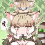  1girl animal_costume animal_ear_fluff animal_ears breasts cat cat_ears cat_girl cat_tail closed_mouth green_eyes grey_hair highres jungle_cat_(kemono_friends) kemono_friends kemono_friends_v_project large_breasts looking_at_viewer mav3ygpryecvfu2 microphone multicolored_hair ribbon scarf shirt tail virtual_youtuber 