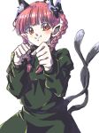  1girl :&gt; :3 absurdres animal_ears blush bow braid cat_ears cat_tail dress extra_ears fangs fangs_out green_dress heart heart_tail highres isagi kaenbyou_rin long_sleeves looking_at_viewer multiple_tails nekomata paw_pose pointy_ears red_eyes redhead solo tail touhou twin_braids two_tails 