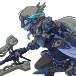  1girl armor assault_lily bangs black_skirt blonde_hair blue_eyes breastplate bright_pupils brown_pantyhose clenched_teeth cropped_jacket eye_trail faulds feathers feet_out_of_frame frilled_skirt frills from_side gauntlets greaves hair_tie hand_up high-waist_skirt highres holding holding_sword holding_weapon leg_up light_trail long_hair long_sleeves looking_away miniskirt pantyhose parted_lips pauldrons profile school_uniform shoulder_armor simple_background skirt solo standing standing_on_one_leg sword tachihara_sayu teeth teisuu v-shaped_eyebrows visor_(armor) waist_cape weapon white_background white_pupils yellow_feathers yurigaoka_girls_academy_school_uniform 