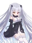  1girl absurdly_long_hair black_dress black_sleeves chloe_lilith_stella demon_girl demon_horns demon_tail detached_sleeves dress grey_hair heterochromia highres horns kiss_kiss_drain long_hair mosou_keito pointy_ears red_eyes sitting solo tail thigh-highs two-tone_dress two_side_up very_long_hair white_dress white_thighhighs yellow_eyes zettai_ryouiki 