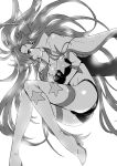 1girl bangs boots breasts cape commentary_request finger_to_mouth floating floating_hair gloves large_breasts long_hair looking_at_viewer monochrome mori_kotarou open_mouth solo star_(symbol) stomach strapless tengen_toppa_gurren_lagann thigh-highs tube_top yoko_littner 