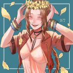  1girl aerith_gainsborough aqua_background bangle bangs blush border bracelet braid braided_ponytail breasts brown_hair choker closed_eyes cropped_jacket dated dress falling_petals final_fantasy final_fantasy_vii final_fantasy_vii_remake flower flower_choker hair_ribbon hands_up head_wreath highres jacket jewelry long_hair medium_breasts nnnmmg0725 open_mouth parted_bangs petals pink_dress pink_ribbon red_jacket ribbon short_sleeves sidelocks smile solo teeth upper_body upper_teeth wavy_hair yellow_flower 