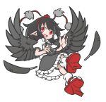  1girl :d bird_wings black_feathers black_hair black_wings camera feathers full_body geta hat holding holding_camera looking_at_viewer open_mouth pointy_ears pom_pom_(clothes) puyopuyo red_eyes red_footwear red_headwear shameimaru_aya shinmon_akika short_hair simple_background smile socks solo tengu-geta tokin_hat touhou white_background white_socks wings 