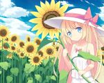  1girl bare_arms blonde_hair blue_eyes blue_sky blush bow breasts closed_mouth clouds collarbone commentary_request day dress flower happy hat hat_bow head_tilt highres hino_(yuruyurukoubou) holding holding_plant lily_white long_hair outdoors oversized_plant plant red_bow sky sleeveless sleeveless_dress small_breasts smile solo spaghetti_strap sun_hat sundress sunflower touhou very_long_hair white_dress white_headwear 
