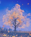  1other artist_name autumn autumn_leaves blue_sky clouds crescent_moon english_commentary falling_leaves grass landscape leaf moon nature original outdoors reinforced scenery sky solo standing tree very_wide_shot 