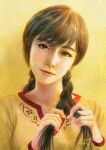  1girl braid braiding_hair brown_eyes brown_hair chinese_clothes closed_mouth dated floral_print hairdressing head_tilt highres holding holding_hair kohji ling_shen_hua lips long_hair looking_at_viewer portrait red_trim shenmue shenmue_iii shirt signature solo twin_braids yellow_background yellow_shirt 