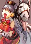  1girl 1other :p animal_ears bangs blunt_bangs bow bowtie commentary creature_and_personification gloves gold_ship_(racehorse) gold_ship_(umamusume) grey_hair highres horse horse_ears horse_girl long_hair looking_at_viewer pillbox_hat purple_background red_bow red_bowtie simple_background tongue tongue_out umamusume user_uscc4228 violet_eyes white_gloves 
