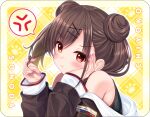  1girl :t absurdres anger_vein blush brown_hair character_name double_bun hair_bun hair_ornament hair_twirling hairpin hand_on_own_cheek hand_on_own_face head_rest highres idolmaster idolmaster_shiny_colors jacket jacket_partially_removed looking_at_viewer nail_polish patterned_background shirt sleeveless sleeveless_shirt solo sonoda_chiyoko spoken_anger_vein upper_body v-shaped_eyebrows yunagi_amane 