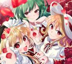  3girls ascot bangs bat_wings black_wings blonde_hair bow bowtie capelet collared_shirt commentary_request curly_hair dress elly_(touhou) fang flower frilled_ascot frilled_sleeves frills green_hair hair_ribbon hairband hand_on_own_cheek hand_on_own_face hat hat_ribbon highres katayama_kei kazami_yuuka kazami_yuuka_(pc-98) kurumi_(touhou) long_hair long_sleeves looking_at_viewer medium_hair multiple_girls open_mouth petals red_ascot red_bow red_bowtie red_dress red_eyes red_flower red_ribbon red_rose red_vest ribbon rose shirt sidelocks sun_hat suspenders touhou touhou_(pc-98) very_long_hair vest white_capelet white_hairband white_headwear white_ribbon white_shirt wings yellow_ascot 