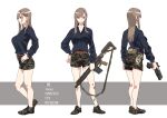  1girl absurdres black_shirt breasts brown_eyes brown_hair camouflage camouflage_shorts collarbone earrings grey_background gun hair_ornament hairclip hand_in_pocket highres holding holding_gun holding_weapon jewelry long_hair long_sleeves medium_breasts mole mole_under_mouth multiple_views original profile puffy_long_sleeves puffy_sleeves shirt short_shorts shorts standing two-tone_background utsuda weapon weapon_request white_background 