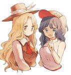  2girls ascot blonde_hair blue_eyes blue_hair breasts brown_headwear brown_vest closed_mouth collared_shirt commentary_request expressionless happy hat_feather hat_ornament jacket_girl_(dipp) label_girl_(dipp) long_hair long_sleeves looking_at_viewer mandarin_collar medium_breasts medium_hair multiple_girls open_mouth red_ascot red_headwear red_skirt shirt shukinuko side_ponytail skirt sleeveless small_breasts star_(symbol) star_hat_ornament touhou upper_body very_long_hair vest white_shirt white_vest yellow_eyes 