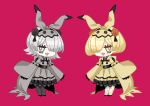  2girls :3 alternate_color animal_ears bangs black_footwear black_pantyhose blonde_hair blunt_bangs bob_cut chibi commentary_request dress fake_animal_ears flat_chest frilled_dress frills full_body grey_dress grey_eyes grey_hair grey_hairband hair_over_one_eye hairband happy joints juliet_sleeves layered_dress leaning_forward long_sleeves merlusa mimikyu multiple_girls one_eye_covered open_mouth pantyhose personification pokemon puffy_sleeves red_background sash shiny shiny_hair shiny_pokemon shoes short_hair sidelocks simple_background sleeves_past_fingers sleeves_past_wrists smile socks standing symmetry yellow_dress yellow_eyes yellow_hairband yellow_socks 