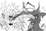  black_eyes commentary_request face_punch fighting garou_(one-punch_man) greyscale horns in_the_face line_(tatatadadda) lord_boros monochrome one-eyed one-punch_man open_mouth punching rubble simple_background translation_request white_background 