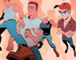  4boys baseball_cap beer_can bill_dauterive black_eyes black_shirt blonde_hair blue-framed_eyewear blue_pants boomhauer brown_footwear brown_hair brown_shirt can clenched_hands closed_mouth collared_shirt crossed_arms dale_gribble glasses hank_hill hat holding holding_can king_of_the_hill male_focus marsoid mixed-language_commentary multiple_boys pants pectoral_cleavage pectorals red_headwear shirt short_hair short_sleeves sleeveless sleeveless_shirt sunglasses white_shirt yellow_background 