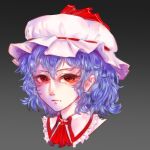  1girl ascot blue_hair cropped_shoulders frills gradient gradient_background grey_background hat hat_ribbon highres karyodares looking_at_viewer mob_cap portrait red_eyes red_ribbon remilia_scarlet ribbon short_hair simple_background solo touhou 