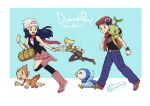  1girl 2boys :d anniversary bag baggy_pants barry_(pokemon) beanie beret black_hair black_shirt black_socks black_vest blonde_hair boots bracelet brown_bag brown_footwear chimchar clenched_hand commentary_request copyright_name duffel_bag from_side green_scarf hair_ornament hairclip hat hikari_(pokemon) jacket jewelry kneehighs long_hair lucas_(pokemon) multiple_boys open_mouth pants pink_footwear pink_skirt piplup poke_ball_print pokemon pokemon_(creature) pokemon_(game) pokemon_dppt poketch red_scarf sagemaru-br scarf shirt shoes short_hair short_sleeves signature skirt sleeveless sleeveless_shirt smile socks starter_pokemon_trio striped striped_jacket tongue turtwig two-tone_footwear vest watch watch white_headwear white_shirt yellow_bag 