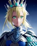  1girl 92_brks ai-generated armor artoria_pendragon_(fate) bangs blonde_hair blue_background breasts closed_mouth crown fate_(series) gradient gradient_background green_eyes hair_between_eyes highres large_breasts looking_at_viewer medium_hair saber shoulder_armor shoulder_plates solo white_background 