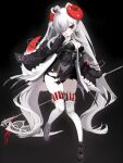 1girl black_background black_footwear breasts chain character_request copyright_request fingernails hair_over_eyes highres holding holding_scythe horns long_hair long_sleeves nail_polish red_eyes scythe small_breasts solo tail thighs twintails white_hair wings zi_terani 