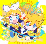  1boy 1girl :d arm_up banana bangs black_shorts blonde_hair blue_eyes bow bright_pupils chibi clenched_hand closed_mouth detached_sleeves eyes_visible_through_hair fang food fruit hair_bow headset kagamine_len kagamine_rin looking_at_viewer microphone neckerchief necktie open_mouth orange_(fruit) parted_bangs shirt short_hair shorts sleeveless sleeveless_shirt smile sowao. spiky_hair vocaloid white_bow white_pupils white_shirt yellow_background yellow_neckerchief yellow_necktie yellow_theme 