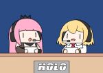  2girls :d :o absurdres bangs blonde_hair blue_background chibi commentary desk flat_color headphones headset highres holding holding_paper hololive hololive_english long_hair long_sleeves microphone mori_calliope multiple_girls necktie news paper phdpigeon pink_hair pixelated red_necktie sitting smile smol_ame smol_calli tiara virtual_youtuber watson_amelia wing_collar |_| 