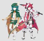  2boys armor arrow_(projectile) bangs belt beret black_hair black_shirt boots bow_(weapon) brown_shirt buttons capelet center_frills coat commentary_request cross-laced_footwear decidueye fold-over_boots frilled_shirt frills full_body fur-trimmed_coat fur-trimmed_footwear fur_trim gloves green_capelet green_hair green_headwear green_pants grey_background grin half_gloves happy hat hat_feather heel_up high_collar highres holding holding_arrow holding_bow_(weapon) holding_sword holding_weapon humanization knee_boots knee_pads kunai long_sleeves looking_at_viewer lycanroc lycanroc_(midnight) male_child male_focus medium_hair merlusa midriff_peek multicolored_hair multiple_boys navel open_clothes open_coat orange_eyes over_shoulder pants pokemon pom_pom_(clothes) pouch quiver red_coat red_eyes red_pants redhead sharp_teeth shiny shiny_hair shirt short_hair shoulder_armor sidelocks simple_background smile standing sword tassel teeth thigh_boots thigh_strap undershirt v-shaped_eyebrows weapon weapon_over_shoulder white_footwear white_gloves white_hair white_shirt yellow_gloves 
