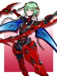  1girl chest_jewel fgsketch gem green_eyes green_hair highres ino_(xenoblade) joints mechanical_arms mechanical_legs red_background robot_joints smile solo xenoblade_chronicles_(series) xenoblade_chronicles_3 