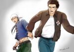  2boys bandana blue_shirt brown_eyes brown_hair brown_jacket chinese_clothes cuffs denim gradient gradient_background handcuffs hazuki_ryou highres jacket jeans jewelry kizuki96 leather leather_jacket looking_at_another multiple_boys muscular muscular_male necklace open_mouth pants patch ren_wu_ying running shenmue shenmue_the_animation shirt signature spiky_hair tooth_necklace white_bandana white_shirt 