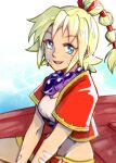  1girl bandages blonde_hair blue_eyes breasts chrono_cross crop_top facial_mark high_ponytail jewelry kid_(chrono_cross) long_hair looking_at_viewer midriff multi-tied_hair naekam necklace open_mouth ponytail smile solo vest 