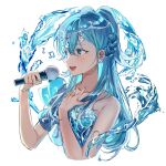  1girl blue_eyes blue_hair blue_nails circlet cropped_torso hand_on_own_chest highres holding holding_microphone hololive hololive_indonesia kobo_kanaeru long_hair microphone moehime music singing virtual_youtuber water white_background 