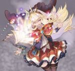 blonde_hair book cagliostro_(granblue_fantasy) commentary_request evil_grin evil_smile from_ivoryedge granblue_fantasy grey_background grin headband highres long_hair magic open_mouth red_skirt shirt simple_background skirt smile smirk spiked_headband thigh-highs violet_eyes white_shirt 
