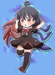  1girl ahoge asymmetrical_wings black_dress black_hair black_thighhighs blue_wings blush buttons dress full_body hair_between_eyes highres houjuu_nue open_mouth red_eyes red_footwear red_wings rokugou_daisuke shoes short_hair short_sleeves signature solo thigh-highs touhou wings 