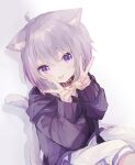  1girl absurdres ahoge animal_ears cat_ears cat_tail collar double_v highres hololive hood hoodie nekomata_okayu pants purple_hair sitting tail tongue tongue_out v violet_eyes virtual_youtuber wao_nwon 