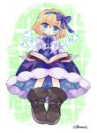  1girl alice_margatroid alice_margatroid_(pc-98) bangs blonde_hair blue_bow blue_bowtie blue_butterfly blue_dress blue_eyes blue_hairband blush book boots bow bowtie brown_footwear bug butterfly center_frills closed_mouth dress frills full_body hair_bow hairband harunori_(hrnrx) head_tilt highres holding holding_book long_sleeves looking_at_viewer medium_hair open_book shirt signature smile solo touhou white_shirt 