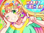  1girl bangs birthday blonde_hair blush_stickers collarbone commentary crown_hair_ornament earrings english_text food-themed_hair_ornament green_eyes grin hair_ornament hairclip happy_birthday heanna_sumire jewelry keplerlovelive long_hair looking_at_viewer love_live! love_live!_superstar!! melon_hair_ornament multicolored_background one_eye_closed planet_earrings planet_hair_ornament ring smile star_(symbol) star_hair_ornament upper_body 