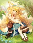  1girl animal animal_ear_fluff animal_ears arknights bag black_cat blonde_hair blue_hairband blue_skirt brown_footwear cat closed_mouth commentary_request crossover flower fox_ears fox_girl fox_tail frilled_hairband frills green_eyes hairband head_tilt highres ichita_(yixisama-shihaohaizhi) jacket kitsune long_hair long_sleeves looking_at_viewer luoxiaohei multicolored_hair neck_ribbon on_grass puffy_long_sleeves puffy_sleeves red_flower red_ribbon ribbon shoes shoulder_bag sitting skirt smile socks suzuran_(arknights) suzuran_(spring_praise)_(arknights) tail the_legend_of_luo_xiaohei twitter_username two-tone_hair two_side_up very_long_hair white_hair white_jacket white_socks 