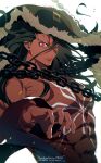  1boy alcides_(fate) black_hair body_markings chain colored_skin fate/strange_fake fate_(series) highres long_hair looking_at_viewer male_focus meiji_ken muscular muscular_male red_eyes red_skin solo 
