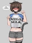  1girl ahoge aki_(snale) animal_ears bags_under_eyes blush breasts brown_eyes brown_hair cat_ears cat_tail choker collar crop_top english_commentary english_text glasses grey_background highres medium_breasts mega_milk meme meme_attire midriff nose_blush original outline raglan_sleeves short_hair short_shorts shorts snale solo speech_bubble stomach tail thigh-highs white_outline 