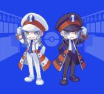  2boys adjusting_clothes adjusting_headwear arm_behind_back arm_up armband belt black_coat black_footwear black_headwear black_pants blue_background blue_necktie brothers chibi coat collared_shirt commentary emmet_(pokemon) full_body gloves grey_eyes grey_hair grin hand_grip happy hat high_collar ingo_(pokemon) long_sleeves looking_at_viewer male_focus merlusa multiple_boys necktie open_clothes open_coat pants parted_lips peaked_cap poke_ball_symbol pokemon pokemon_(game) pokemon_bw2 seat shirt shoes short_hair siblings sidelocks smile standing striped_coat symmetry teeth train_interior twins white_coat white_footwear white_gloves white_headwear white_pants white_shirt 
