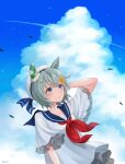 1girl alternate_costume arm_behind_head arm_up beret blue_eyes blush closed_mouth clouds commentary grey_hair hair_ornament hat highres horse leaf looking_up neckerchief outdoors red_neckerchief rio_(rio_067) sailor_collar seiun_sky_(umamusume) shirt short_hair smile solo symbol-only_commentary twitter_username umamusume upper_body white_headwear white_shirt wind 